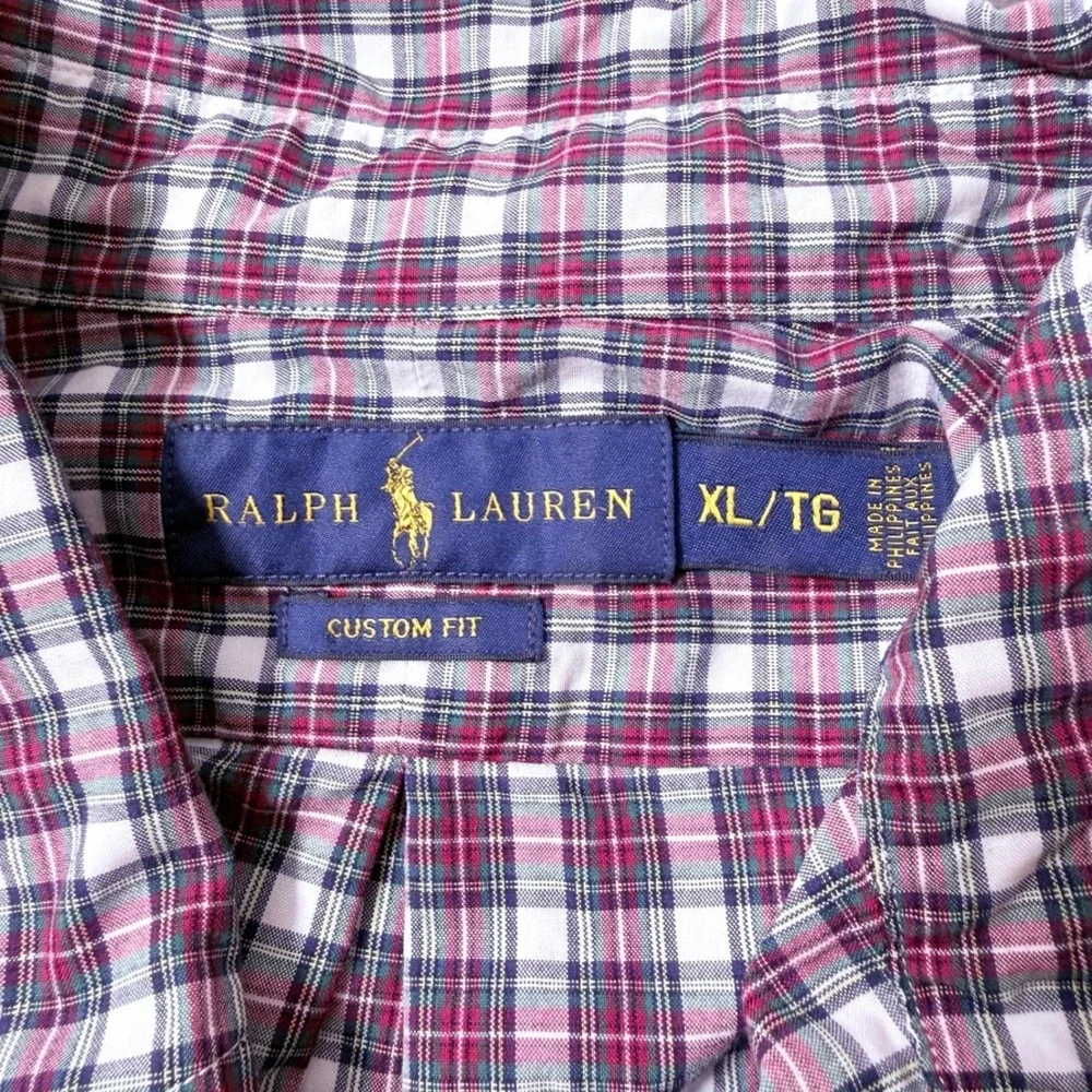 Polo Ralph Lauren Shirt Mens XL Custom Fit Plaid Button Down Red Blue White Long